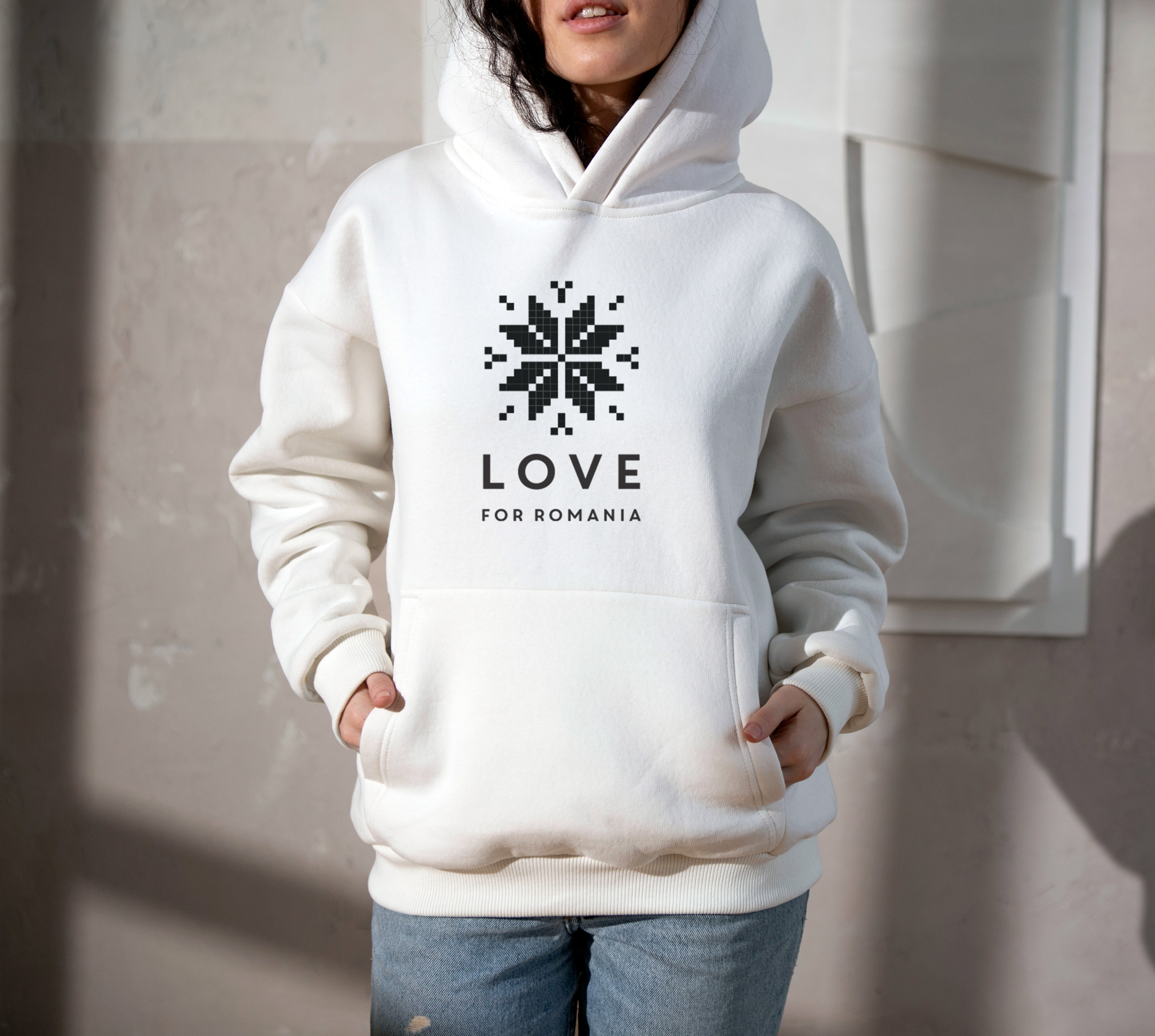 White hoodie with 'Love for Romania' embroidered design