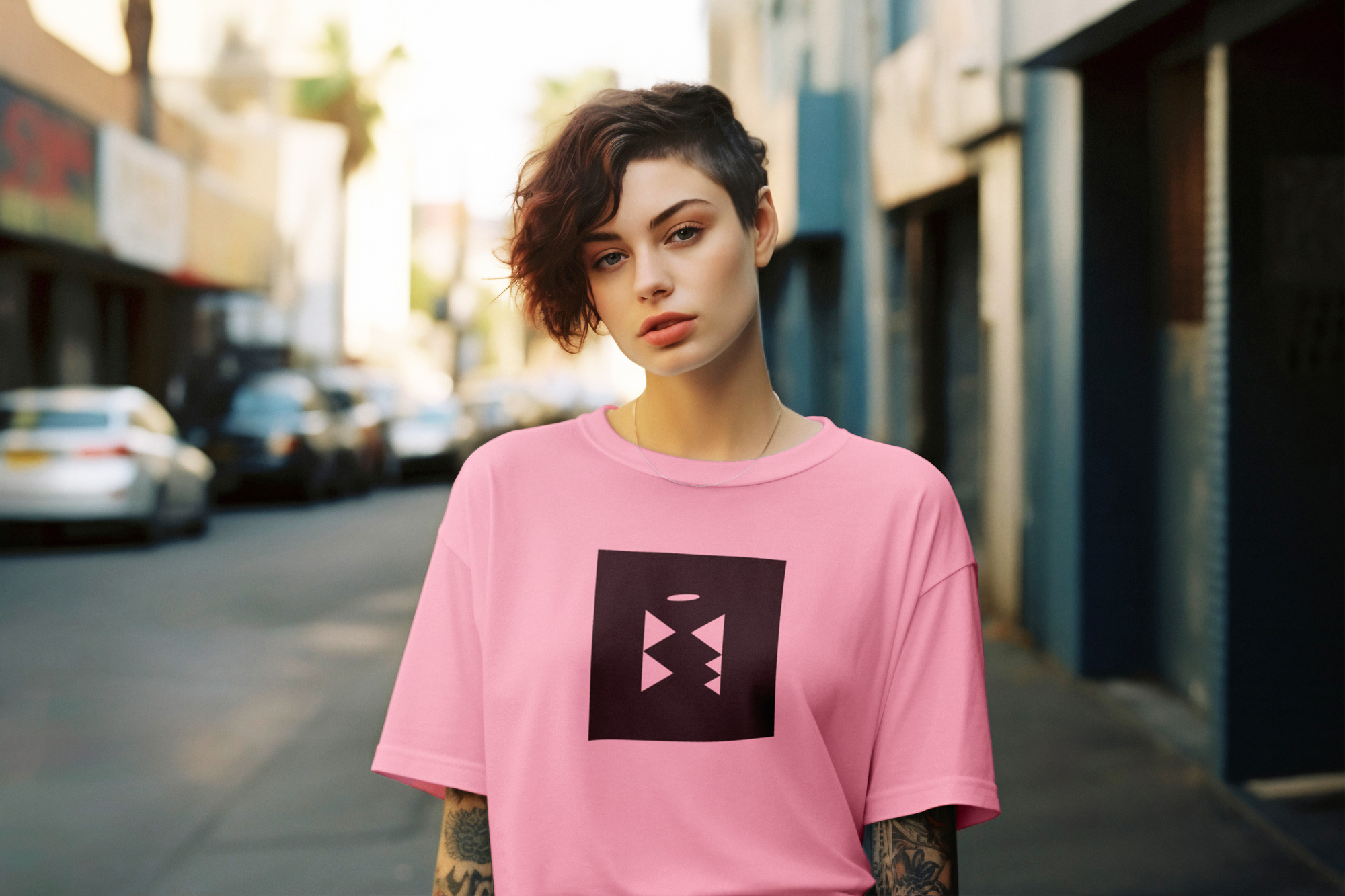 Pink t-shirt with custom geometric print on city street