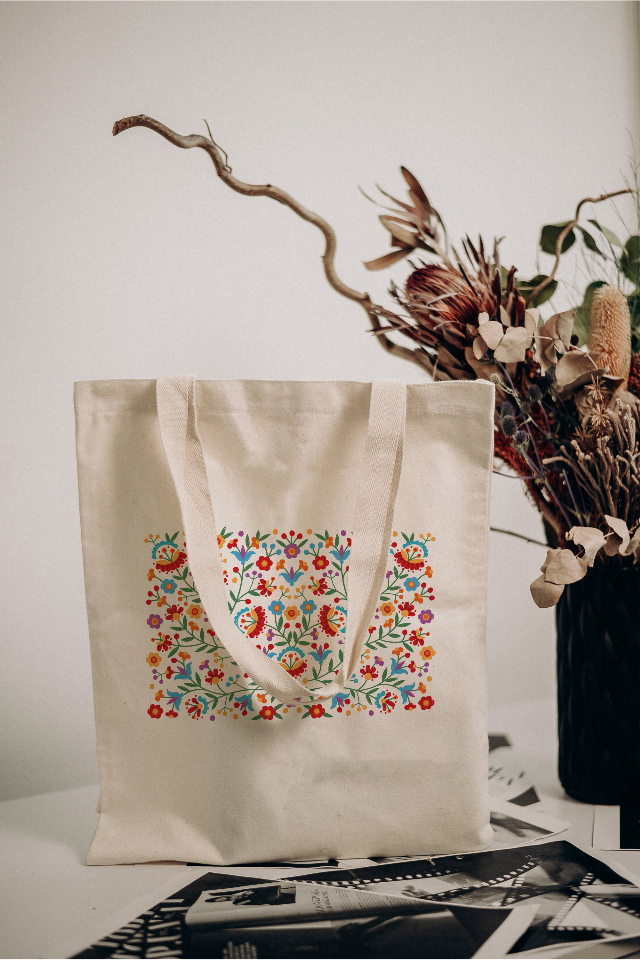 Custom canvas tote bag with floral folk-inspired print