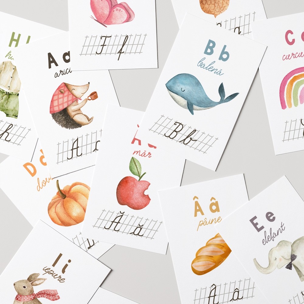 Set 31 carduri cu literele alfabetului de mana de la A la Z, Alfabet Abecedar